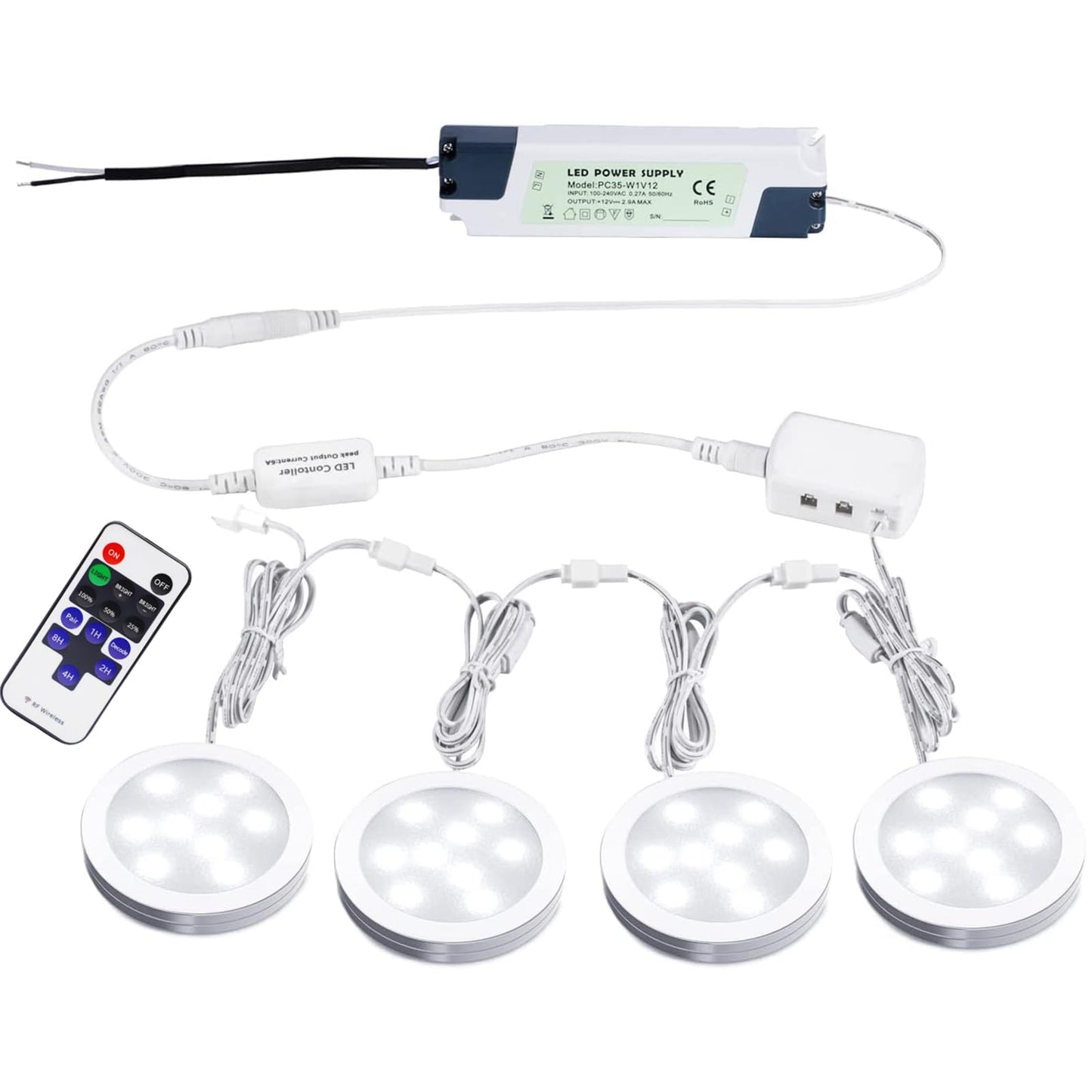 Brehn | Aiboo verlinkbare LED Unterbauleuchte festverdrahtet 12V schlanke Aluminium dimmbare Puck-Leuchte mit Fernbedienung für die Beleuchtung von Schränken (4 Lichter, Tageslichtweiß, ohne Wandstecker)