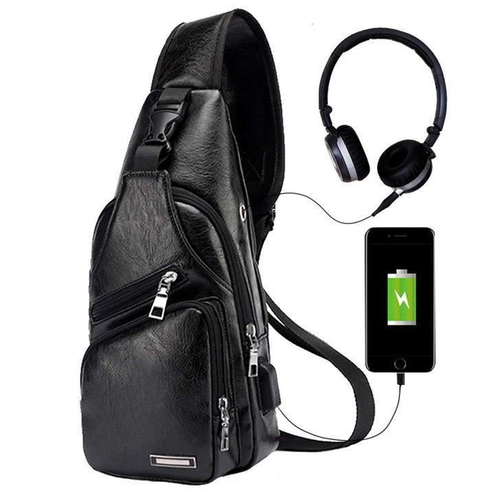 Brehn | Große Herren-Leder-Tasche Brust-Rucksack Wasserfester Crossbody-Bag mit USB