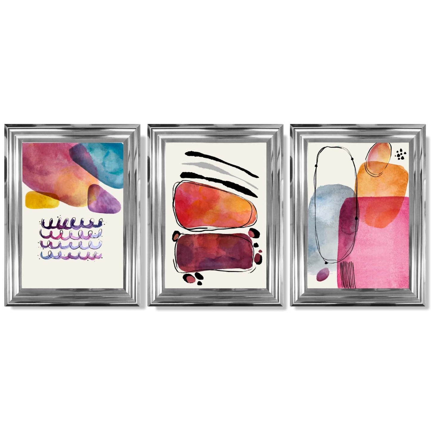 Abstrakte Formen, Rosa-Lila, 3er-Set gerahmter Kunstdrucke