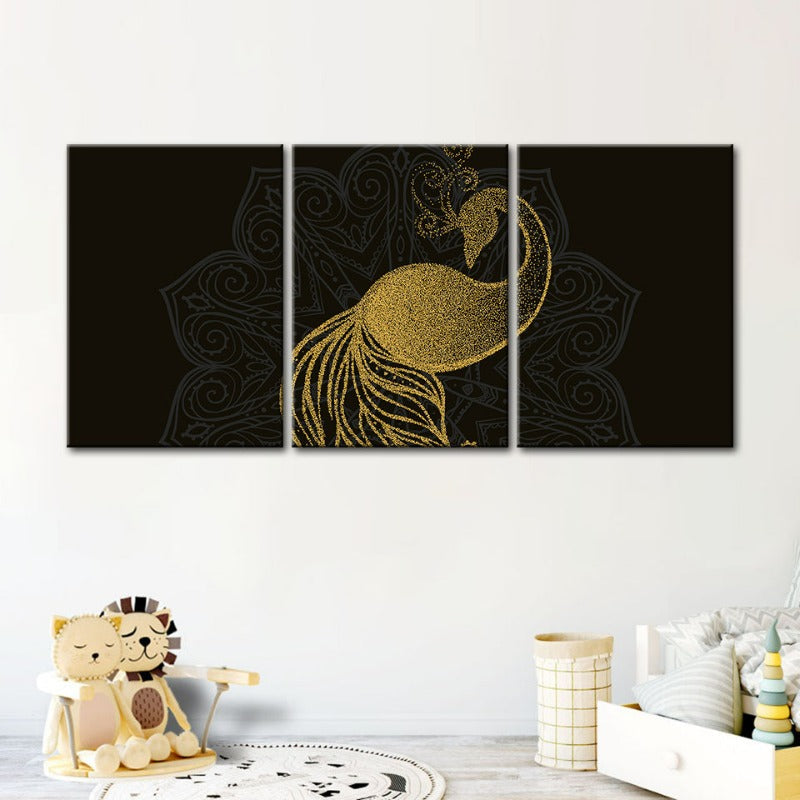 Abstraktes Goldenes Mandala Pfau - Leinwand Wandkunst Gemälde 3 Teile