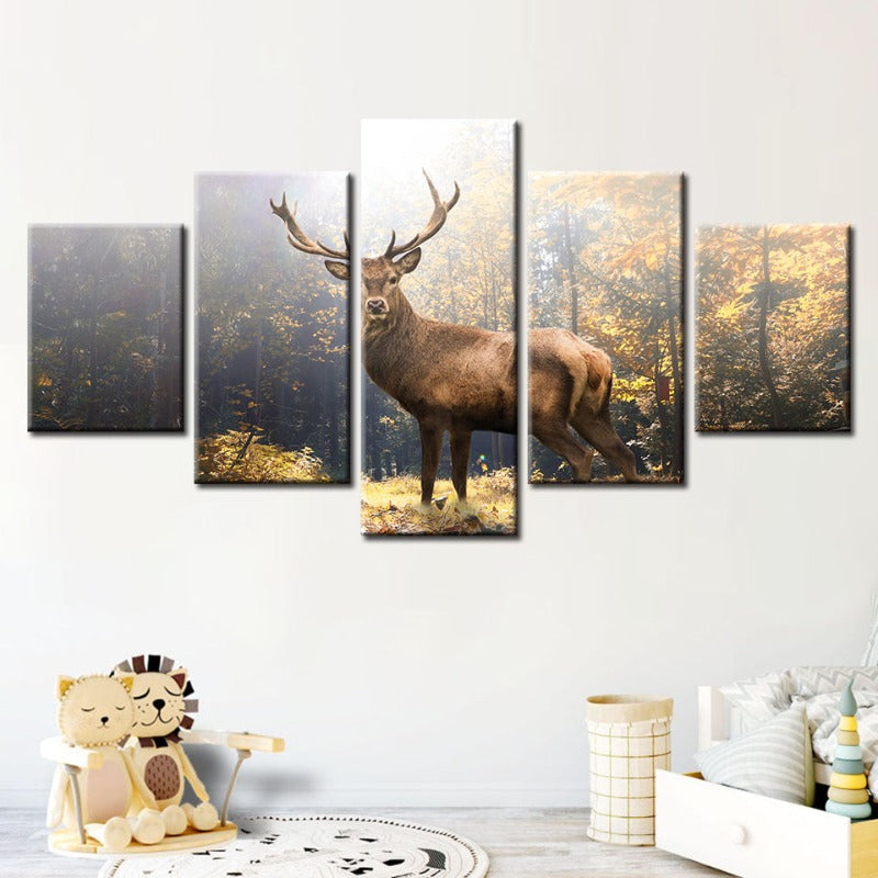 5-teiliges majestätisches Reh im Wald - Leinwand Wandkunst Gemälde