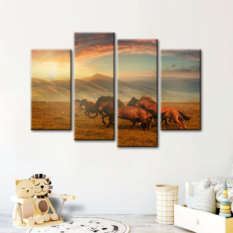 4 Stück Laufende Pferde Mit Schönem Landschaft - Leinwand Wand Kunst Malerei