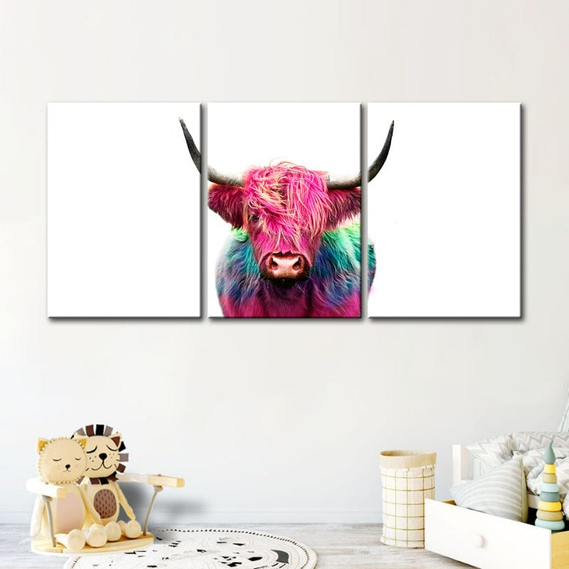 Farbenfrohe pinke Kuh-Leinwand Wandkunst Gemälde 3 Teile