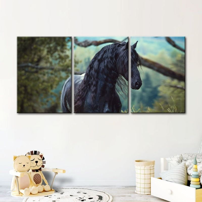 Schwarzes Pferd im Wald - Leinwand Wandkunst Gemälde 3 Teile