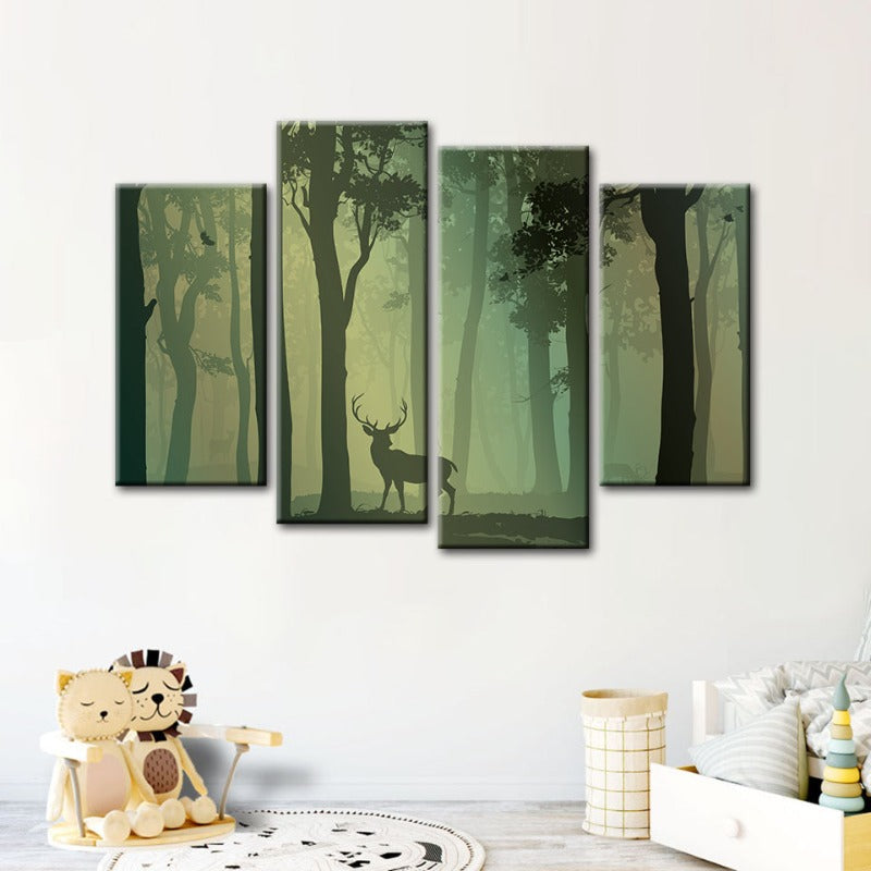 4-teilige verzauberte grünfarbige Silhouette von Rehen - Leinwand Wandkunst Gemälde