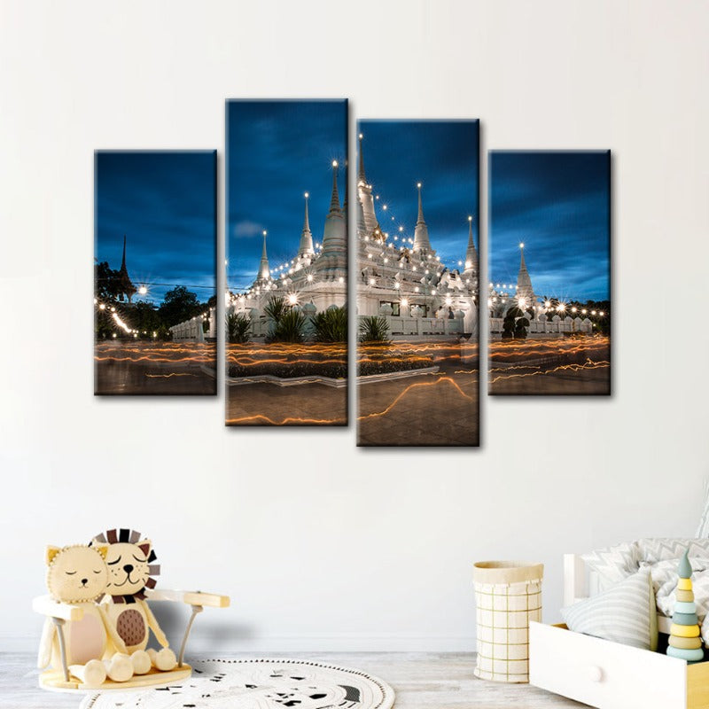 4 Stück Schönes Tempel Nacht Zeit - Leinwand Wandkunst Gemälde | Brehn