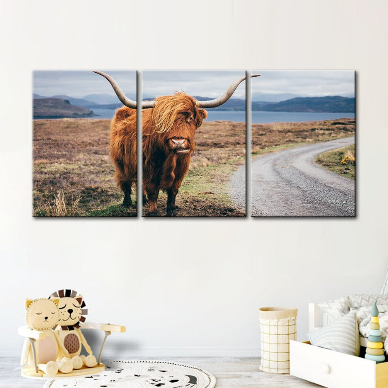Schöne Braune Kuh-Canvas Wandkunst Gemälde 3 Stücke