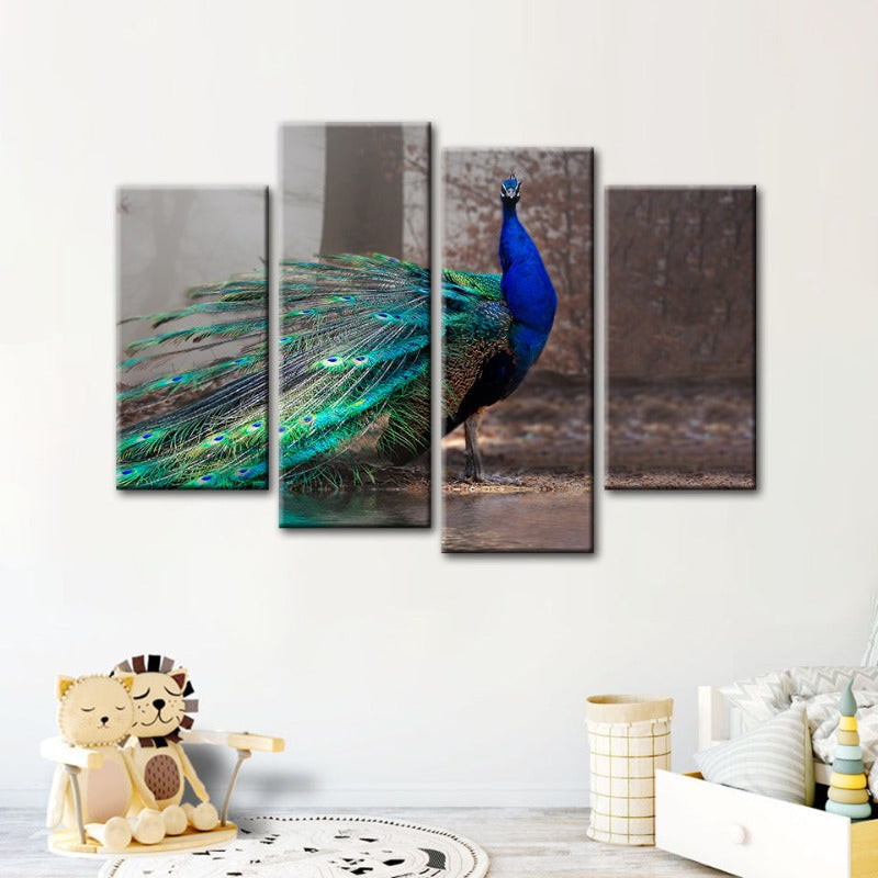 4-teiliges lebhaftes Pfau am Teich - Leinwand Wandkunst Gemälde
