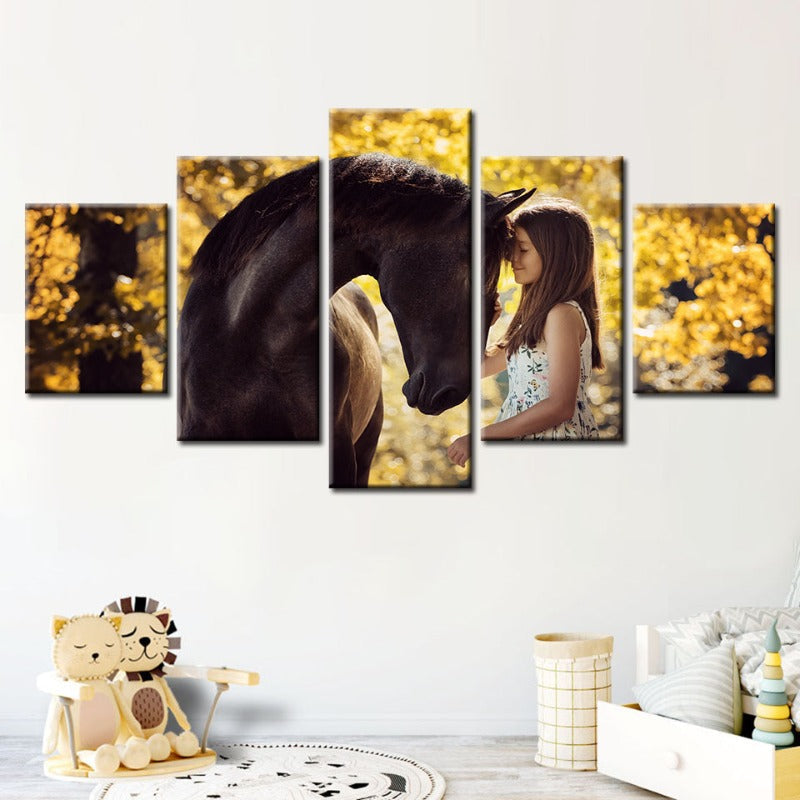 5-teilige Freundschaft zwischen Mädchen & Pferd - Leinwand Wandkunst Malerei