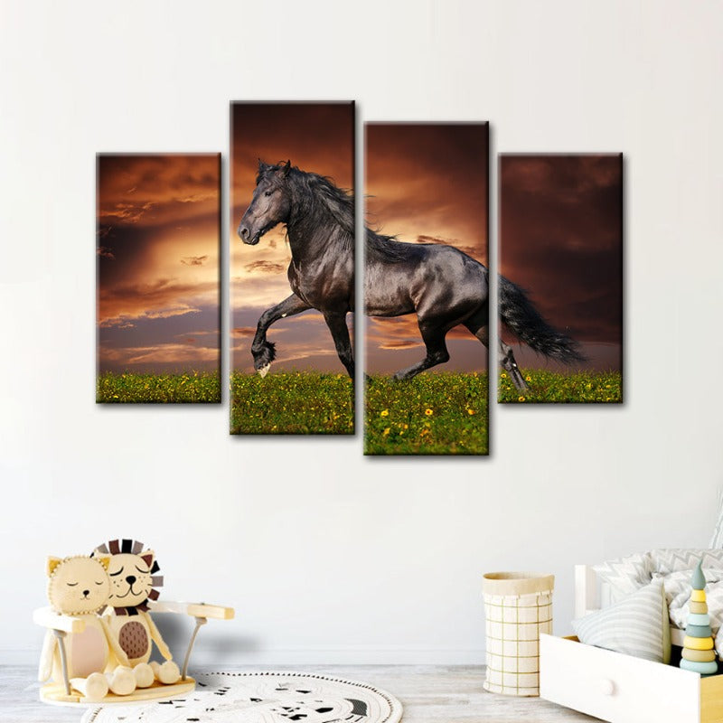 4 Stück Laufendes Schwarzes Pferd - Leinwand Wandkunst Gemälde