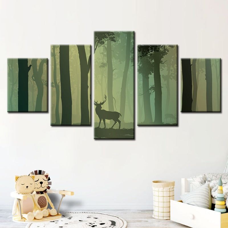 5-teilige verzauberte grüne Silhouetten-Hirsch - Leinwand Wandkunst Malerei