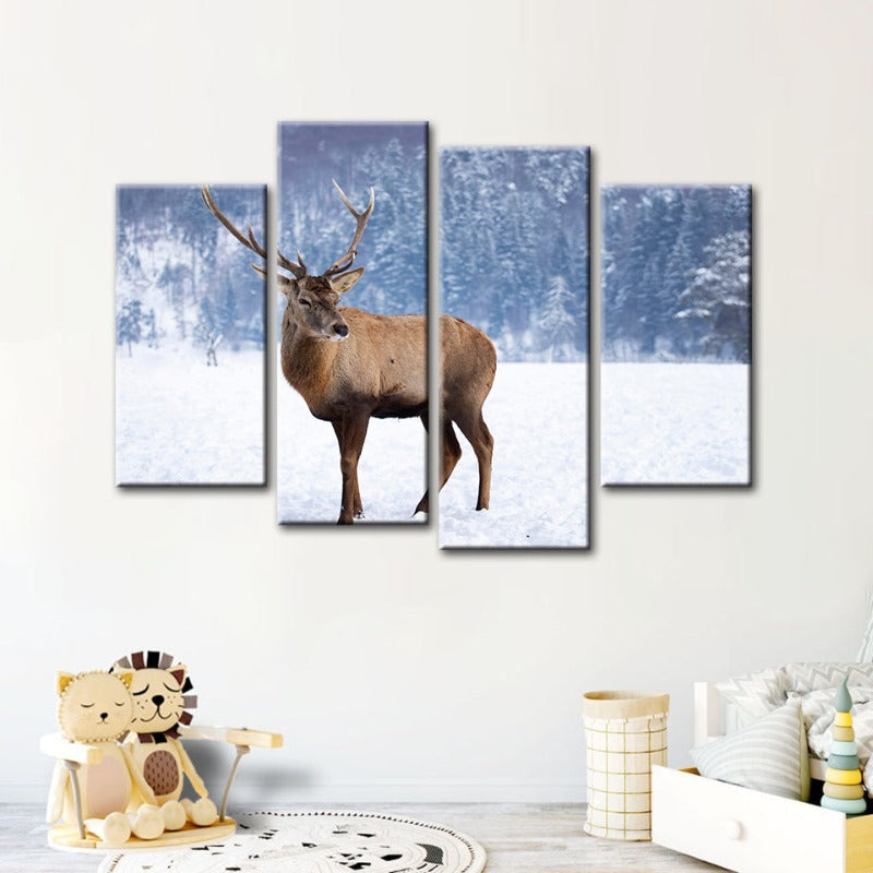 4-teilige verschneite Landschaft Reh - Leinwand Wandkunst Gemälde