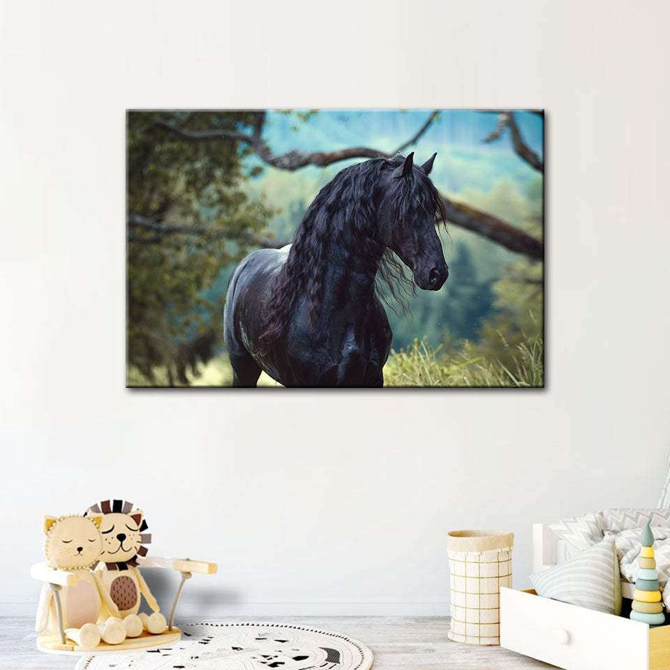 Schwarzes Pferd im Wald - Leinwand Wandkunst Gemälde