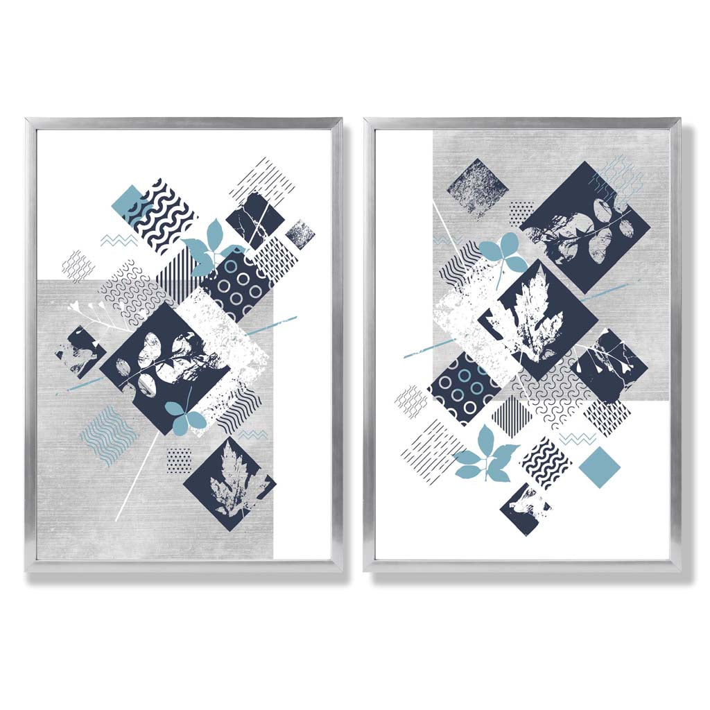 Set aus 2 Kunstdrucken mit Blumenrahmen in Blau und Grau (Mixed Media)
