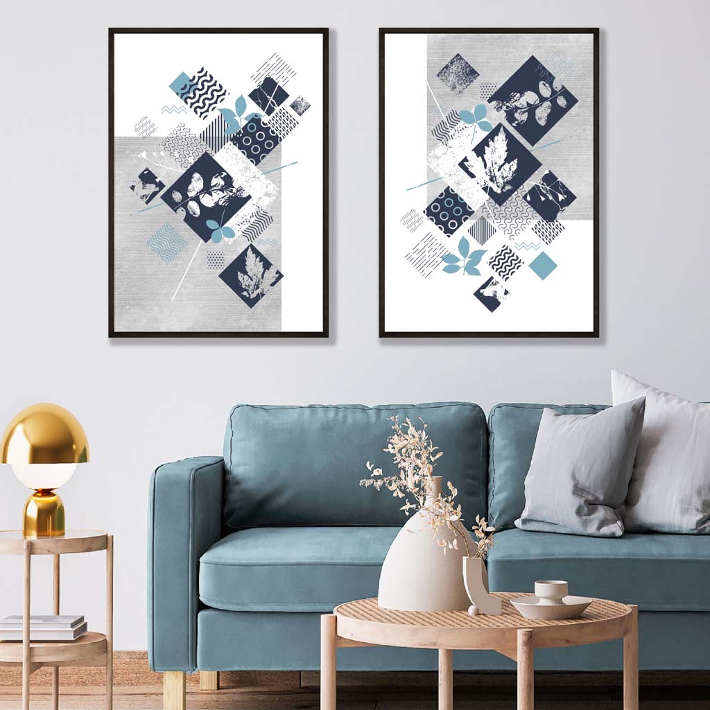 Set aus 2 Kunstdrucken mit floralem Muster in Blau und Grau (Mixed Media)