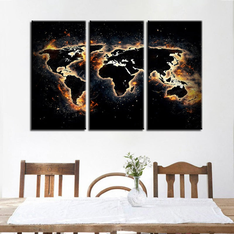Feuer und schwarze Weltkarte - Leinwand Wandkunst Gemälde 3 Teile