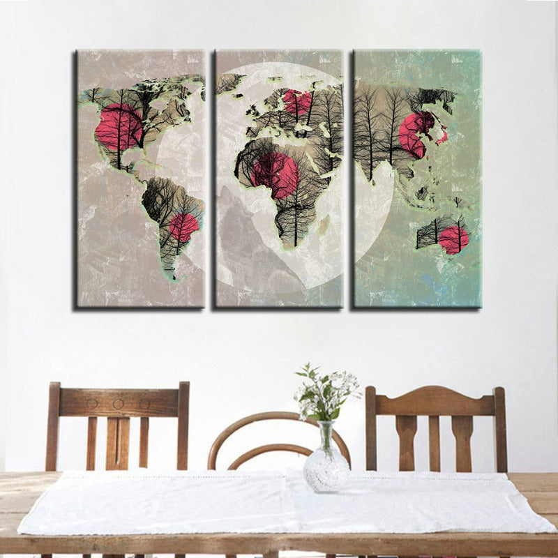 Schöne abstrakte rosa Sonnen-Weltkarte-Canvas-Wandkunstgemälde 3 Teile