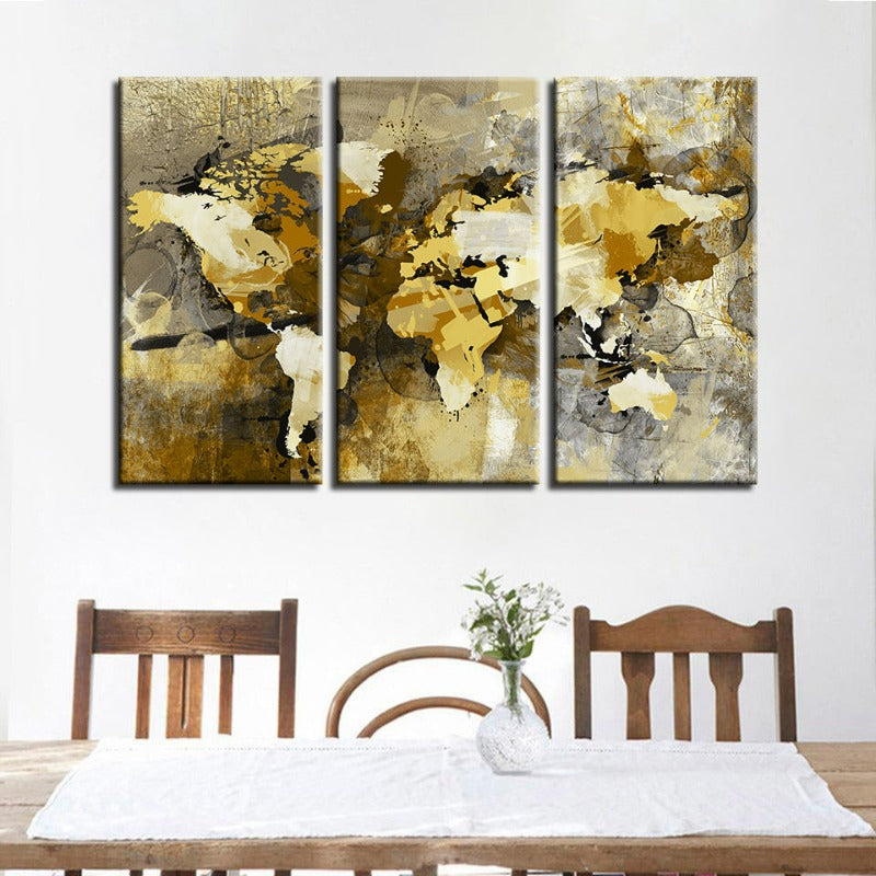 Schönes abstraktes gelb-braunes Weltkarte-Canvas-Wandkunst Gemälde 3 Stücke