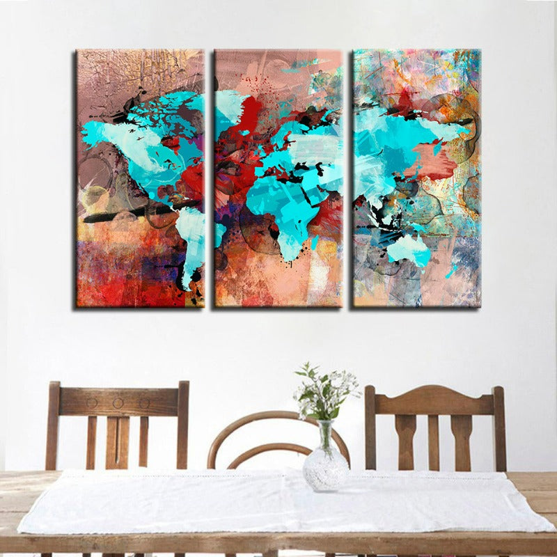 Schönes abstraktes Meerblau- und Rot-Weltkarte-Leinwand-Wandkunstgemälde 3 Teile