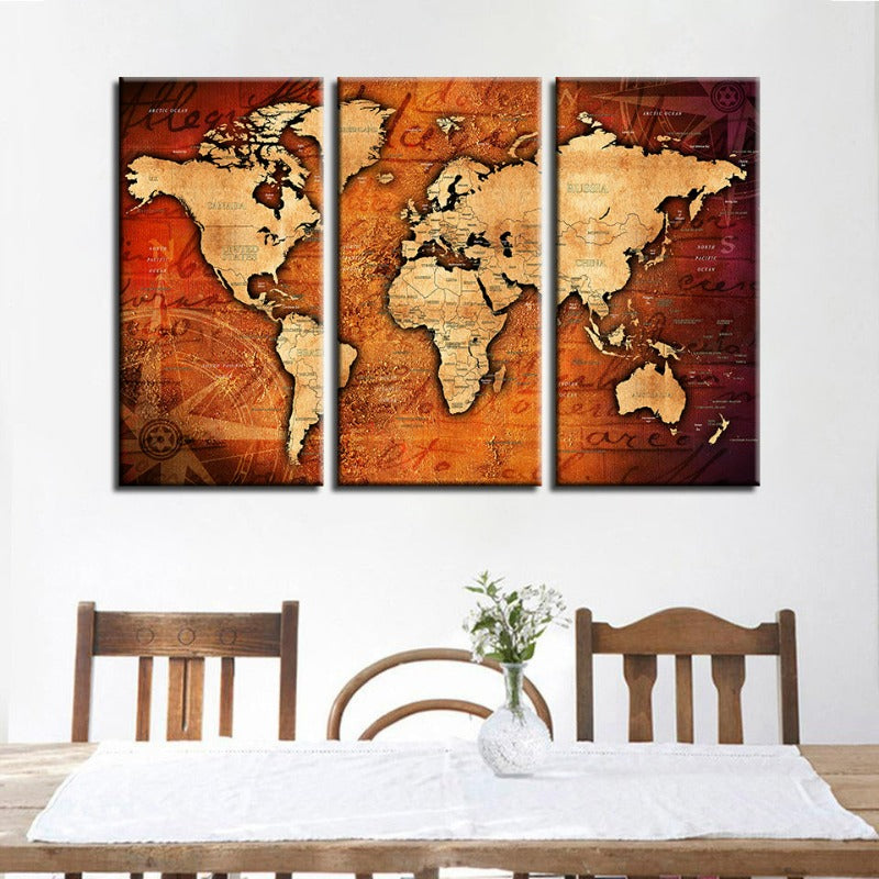 Braun & Rot Rustikale Weltkarte - Leinwand Wandkunst Gemälde 3 Teile