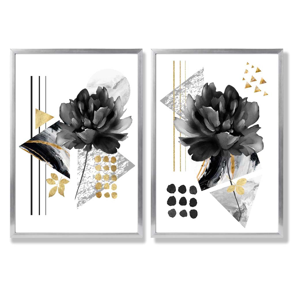 Moderne Blumenmotive, schwarz-gold gerahmtes Set aus 2 Kunstdrucken
