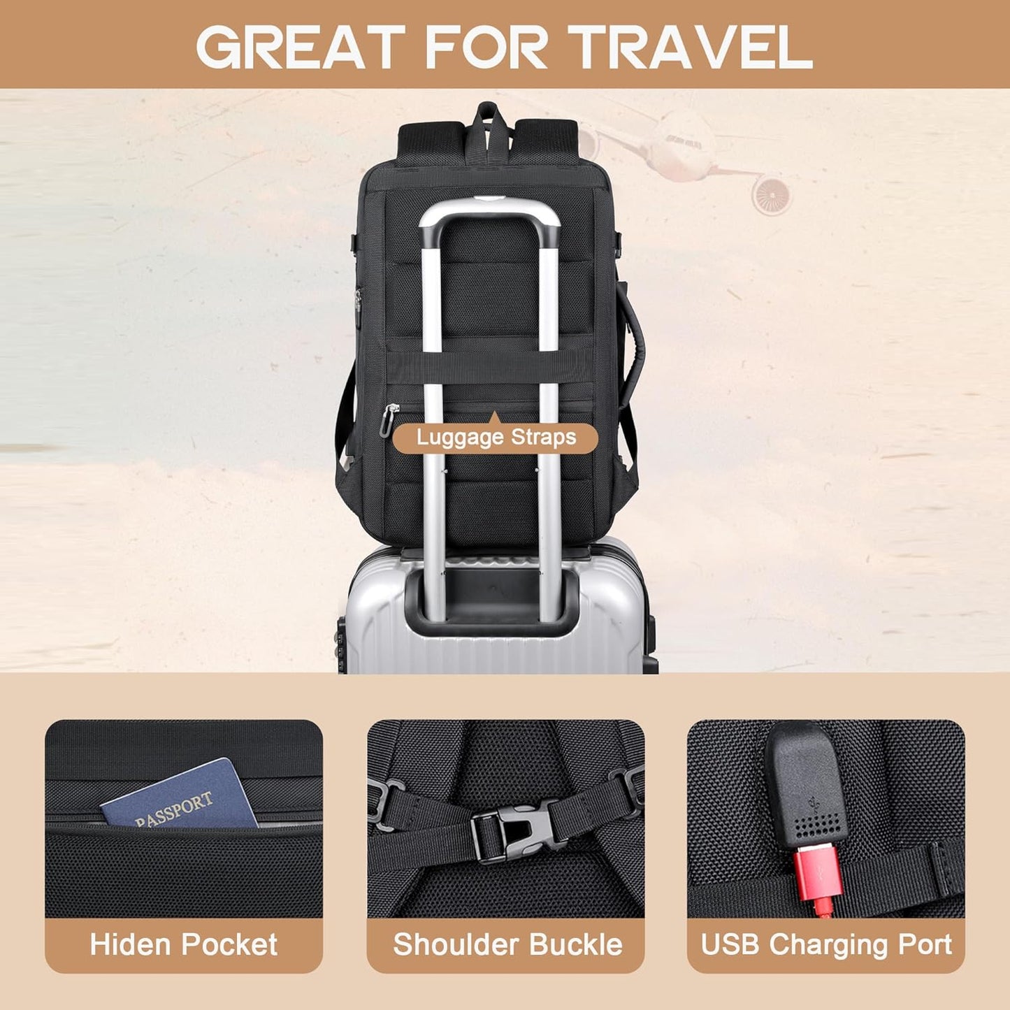 40L erweiterbarer wasserdichter Reiserrucksack mit USB-Anschluss & 17” Laptopfach – AirVoyage | Brehn