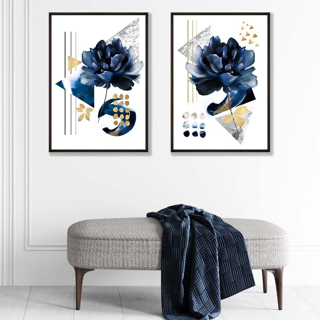 Zeitgenössische Blumen in Blau und Gold, 2er-Set Kunstdrucke
