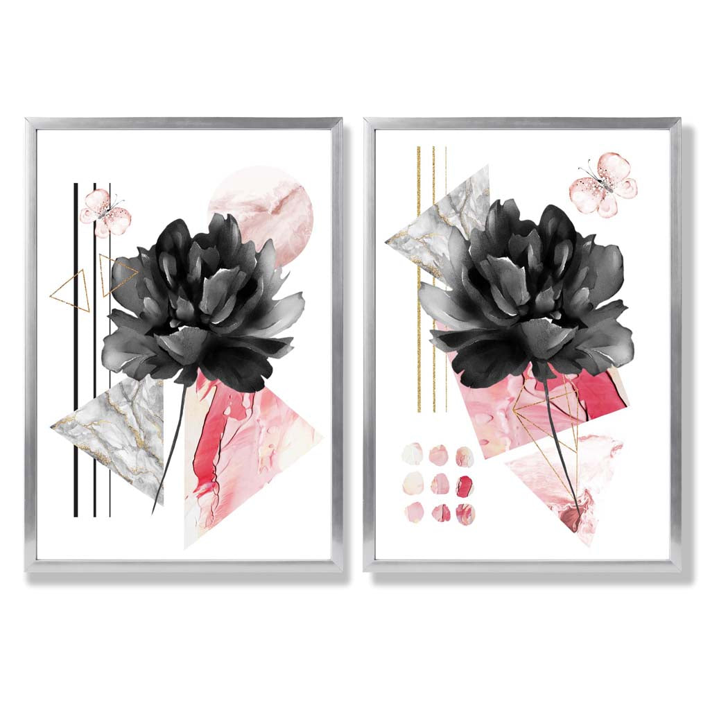 Moderne Blumen in Schwarz und Rosa – gerahmtes Set aus 2 Kunstdrucken