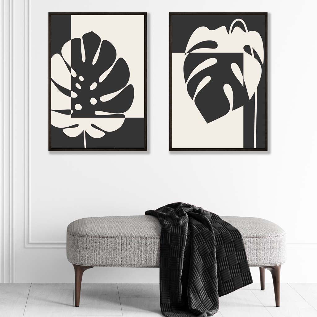 Schwarze und beige Monstera, 2er-Set Kunstdrucke