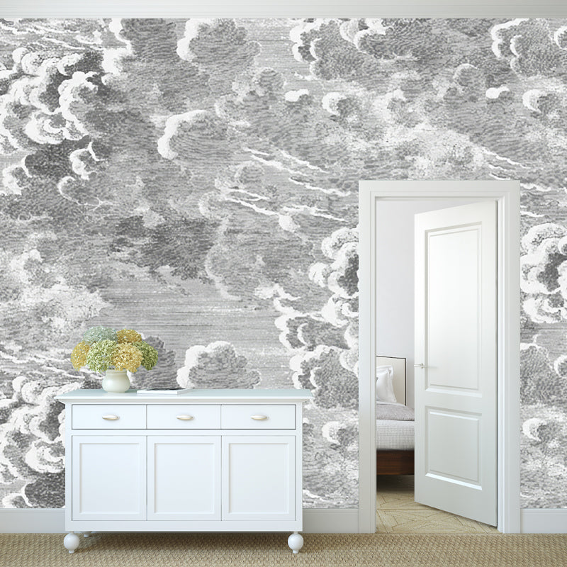 Brehn | Minimalistische Wolkenwandmalerei in Grau Wohnzimmer Wandverkleidung, Personalisierte Größe Verfügbar