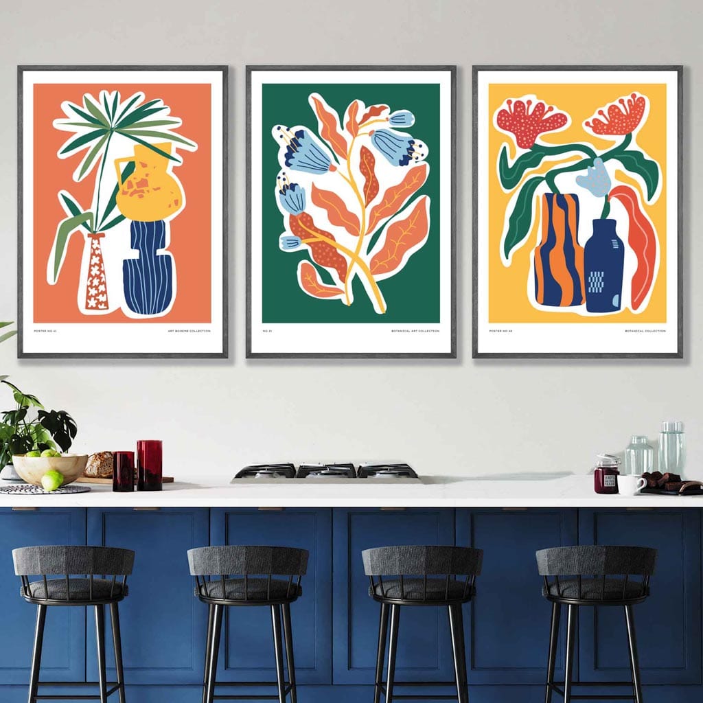 Künstlerisch gestaltetes botanisches Poster-Set mit 3 Postern in Grün, Orange und Gelb