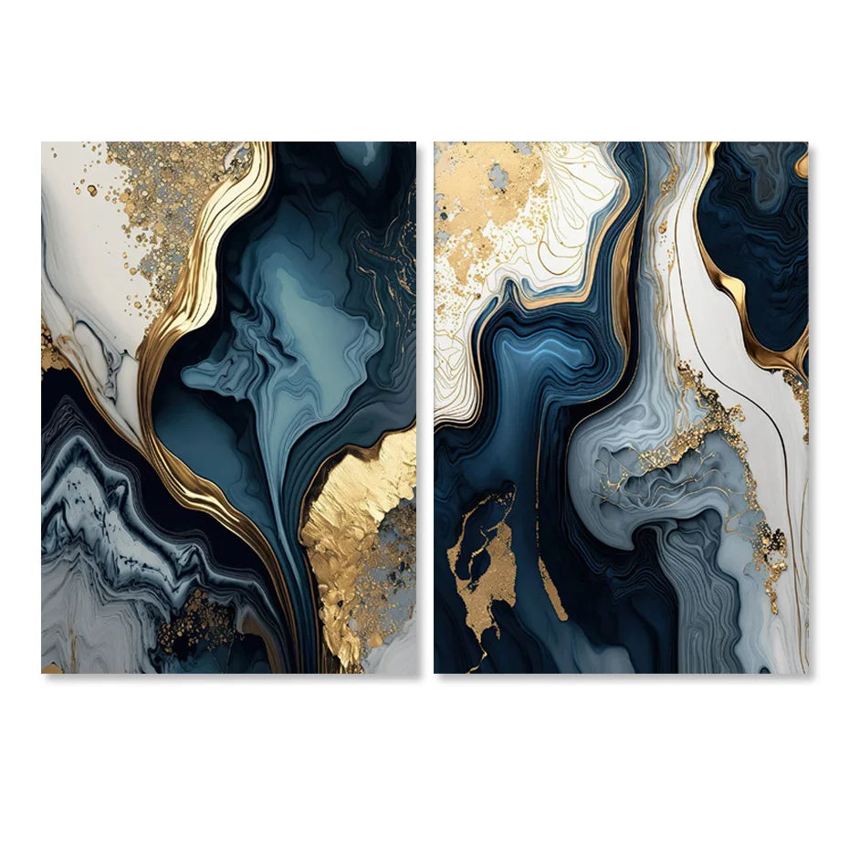 Tiefsee-Ozeanblau Gold-Marmor-Druck Wandkunst Feine Kunst Leinwand Drucke Poster Bilder Für Wohnzimmer Esszimmer Licht Luxus Wohnkultur | Brehn