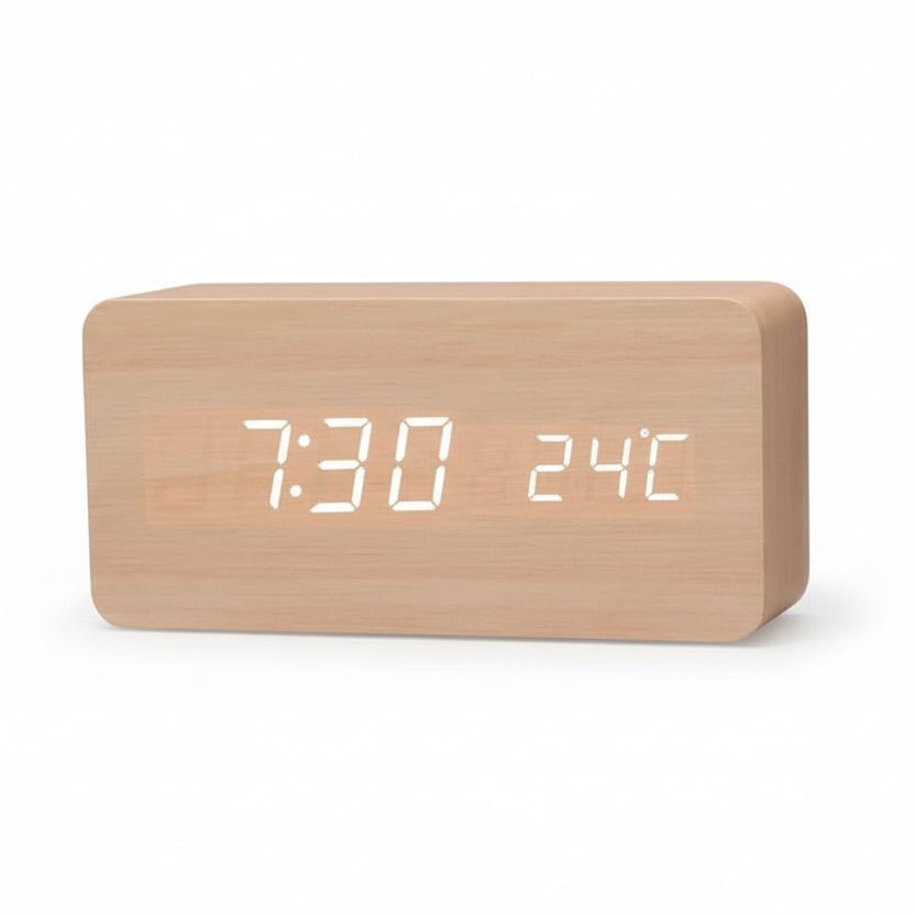 LED-Wecker Holzoptik mit 3 Alarmen & Temperatur | Brehn