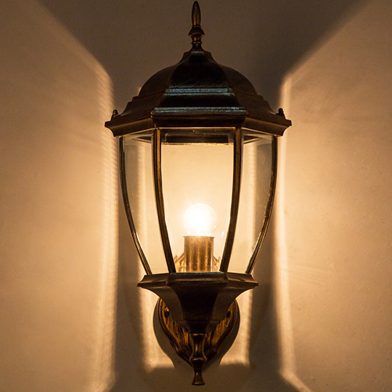 Zeitgenössische Retro Wasserdichte Sechseckige Käfig Aluminium Mattiertes Klarglas 1-Licht Wandlampe Für Außenpatio | Brehn