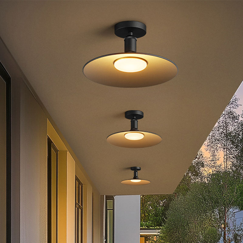 Zeitgenössische industrielle wasserdichte Aluminium runde 1-Licht Semi-Flush-Mount Deckenleuchte für den Außenbereich Patio | Brehn
