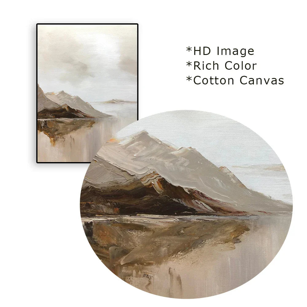 Große Größen Bergsee Landschaft Wandkunst Feine Art Drucke auf Leinwand Braun Beige Grau Neutrale Farbe Texturierte Abstrakte Bilder Für Wohnzimmer Eingangsbereich Foyer Kunst Dekor | Brehn
