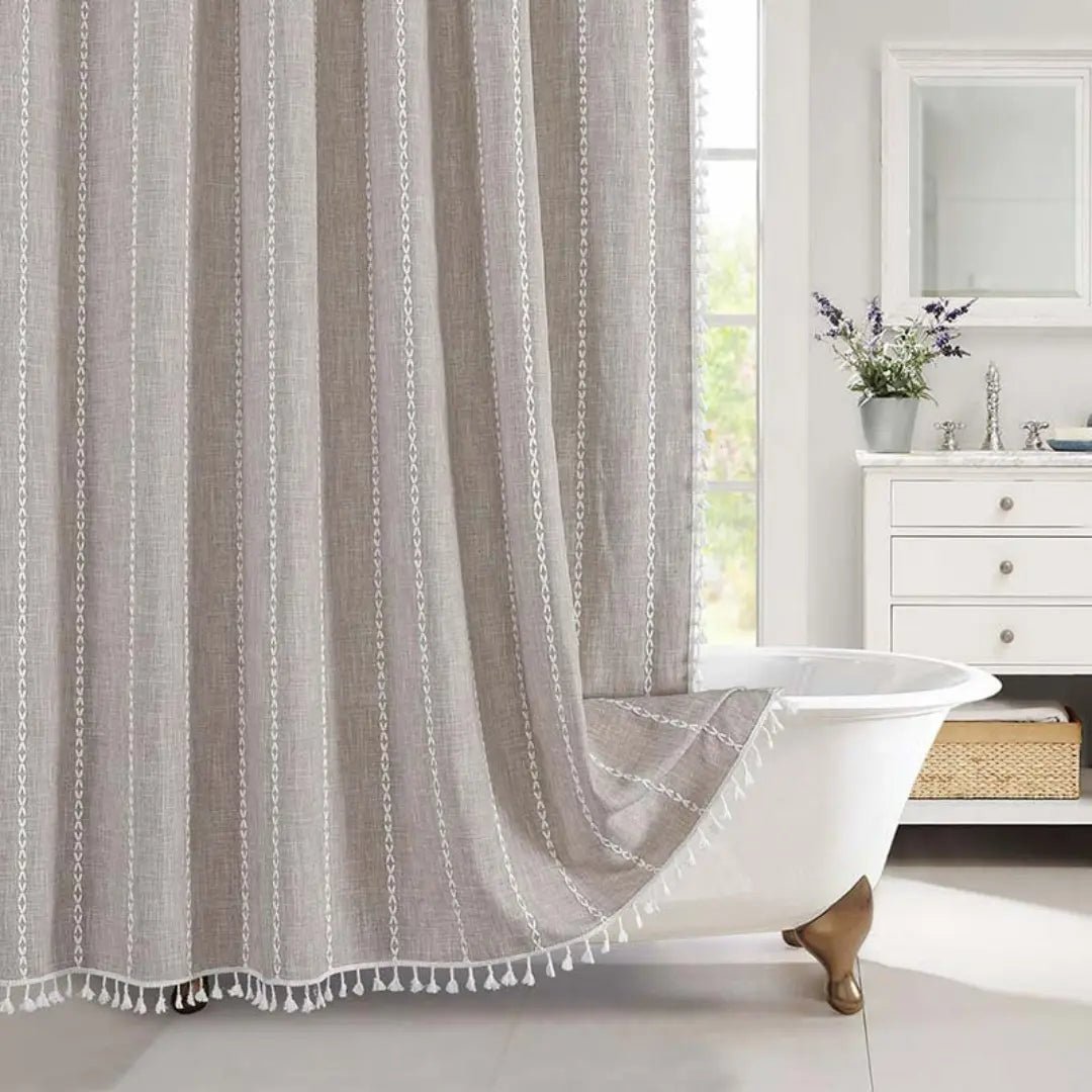 Duschvorhang aus Leinen im Boho-Stil mit Quasten und wasserdichtem Design