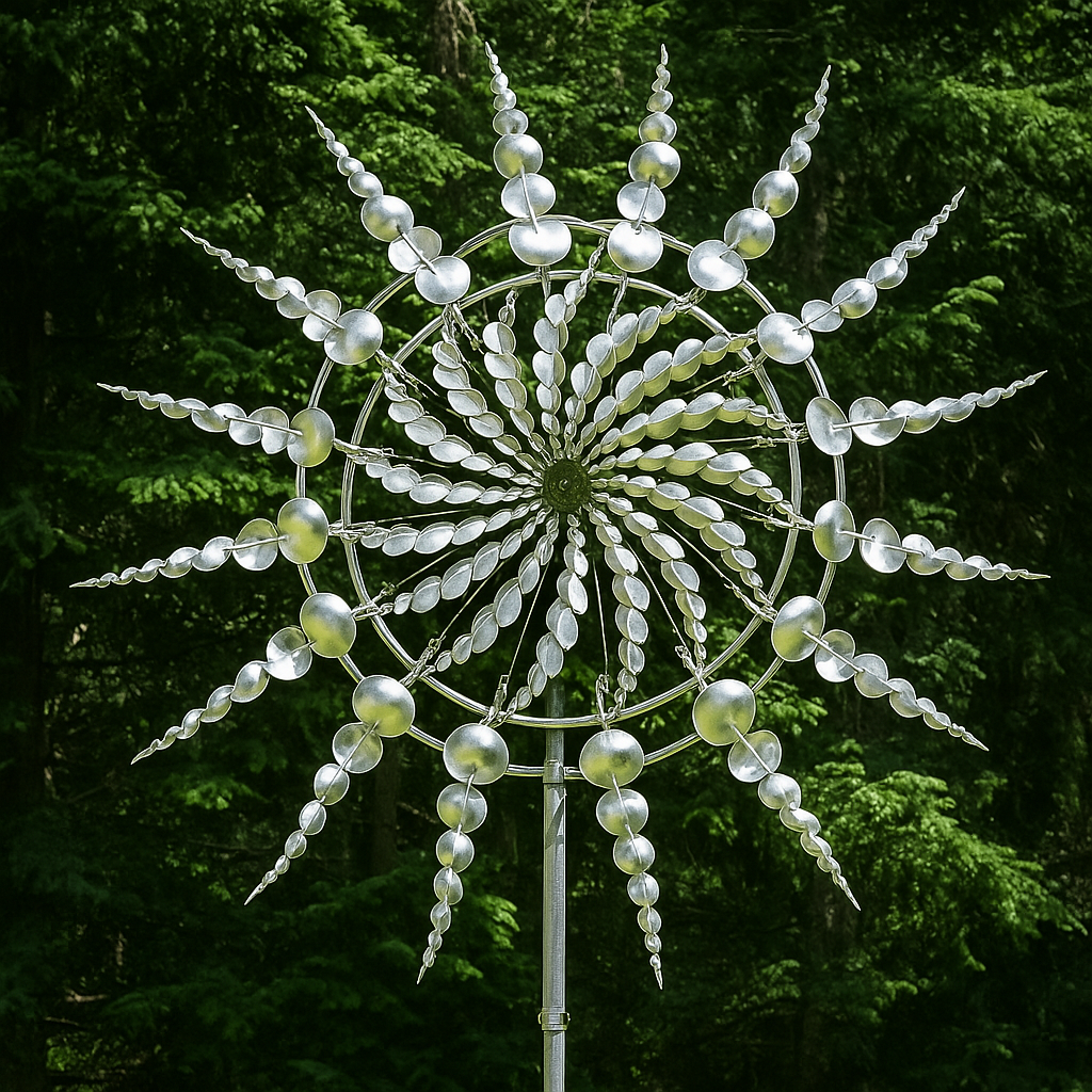 Garten-Windspiel-Skulptur aus silberfarbenem Metall