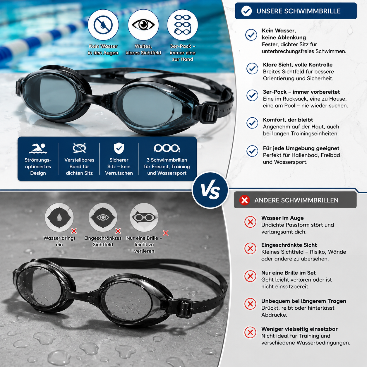 Schwimmbrille 3er-Pack für Erwachsene | Brehn