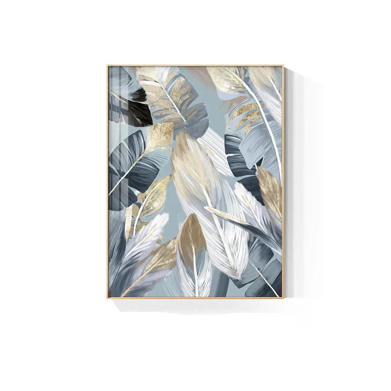 Chic Abstract Blau Goldene Federn Wandkunst Fine Art Leinwanddrucke Poster Bilder Für Wohnzimmer Esszimmer Moderne Schlafzimmer Kunst Dekor