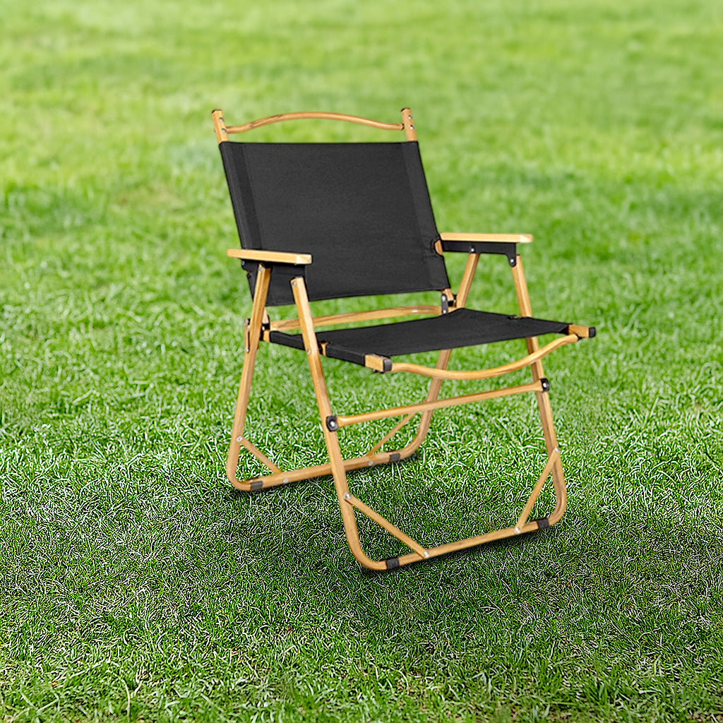Moderner Minimalistischer Rechteckiger Außen-Campingstuhl aus Kohlenstoffstahl, Aluminiummaterial, Buchenholz, Oxford-Stoff, PET, Faltbar, Tragbar, Abnehmbar mit Rückenlehne und Armlehne für den Garten | Brehn