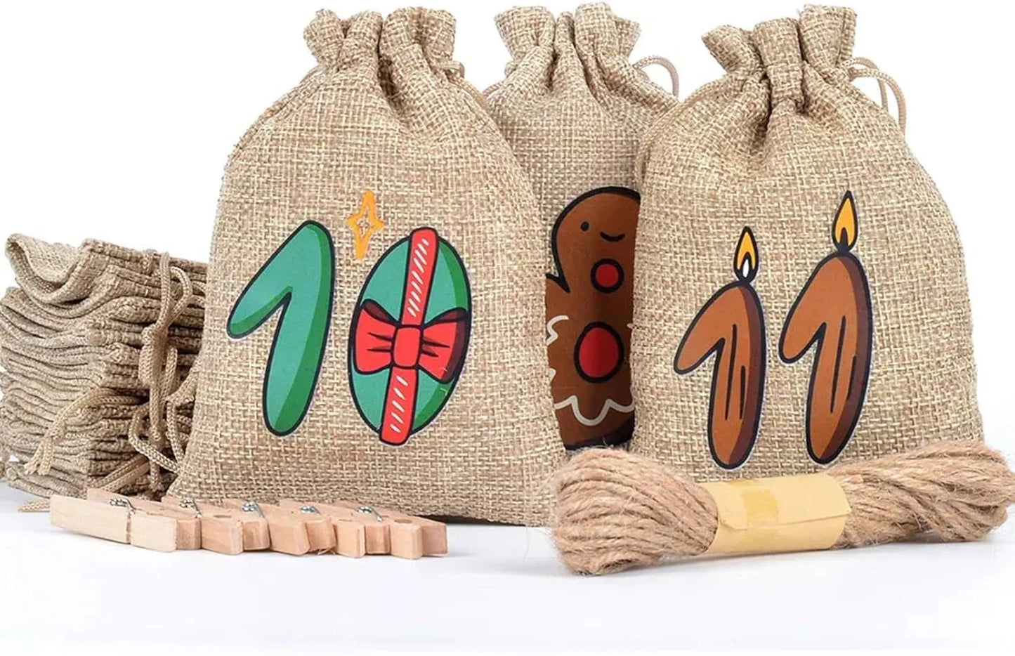 Brehn | DIY Jute Adventskalender mit 24 leeren Taschen für Weihnachten - Hängender Countdown-Kalender