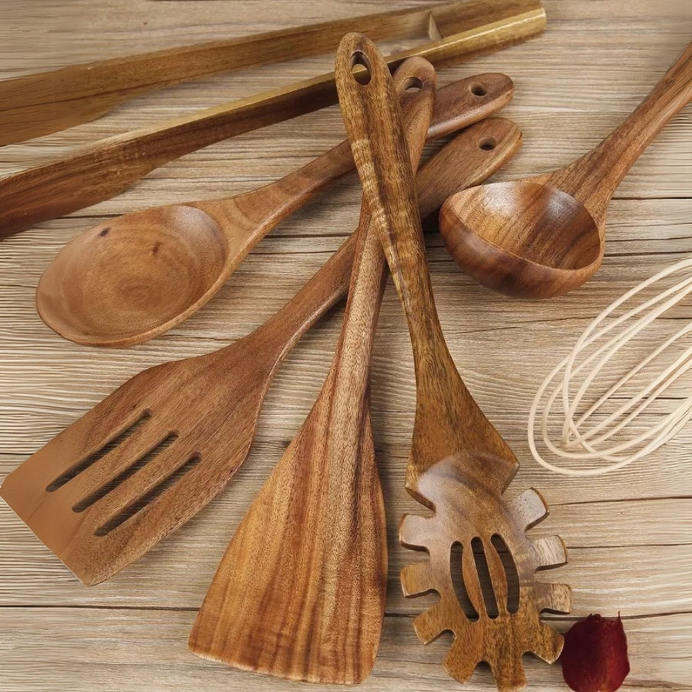 Brehn | Teakholz Küchenutensilien Set – 7-teiliges Set mit Antihaftbeschichtung