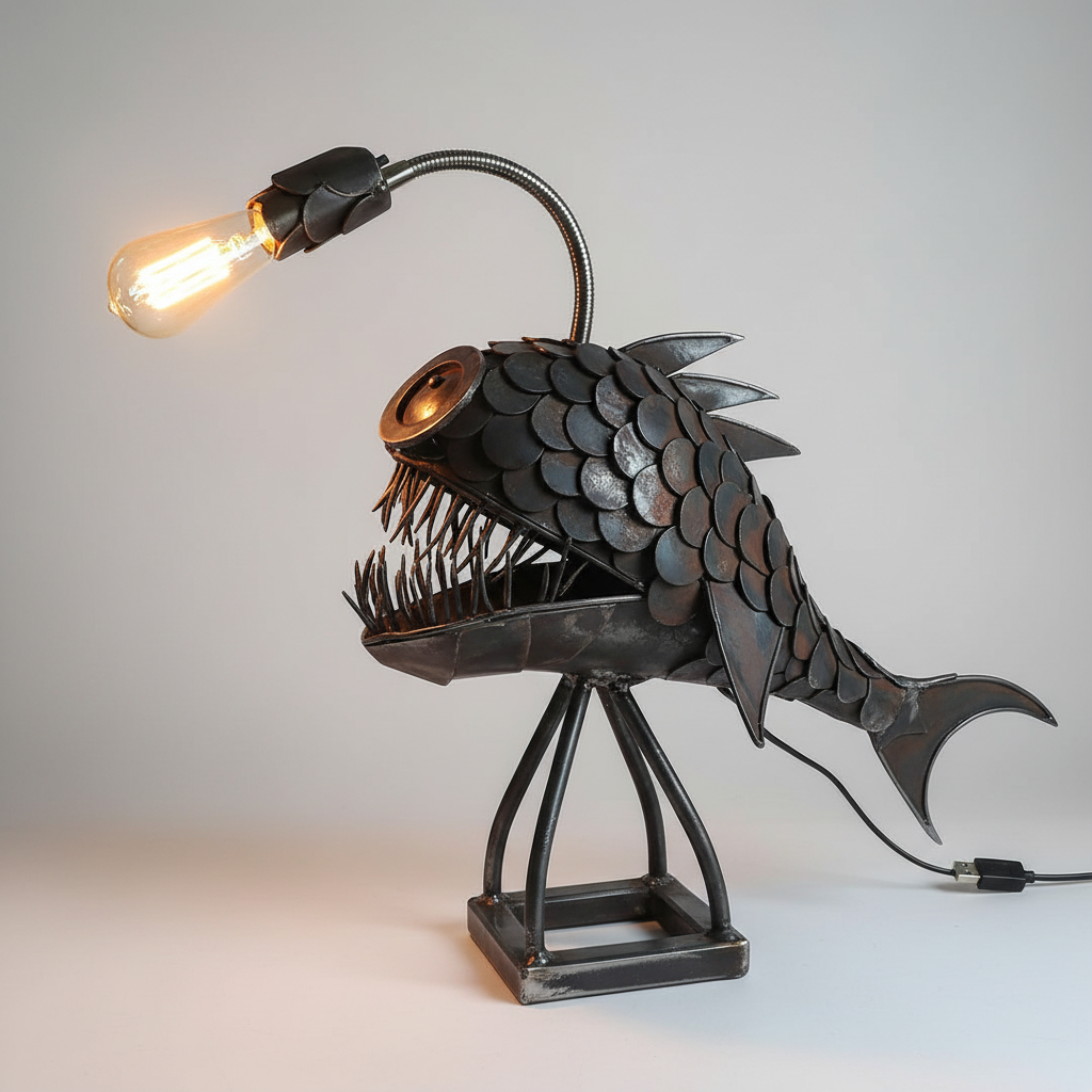 Brehn | Anglerfisch Skulptur-Lampe | Industrial Steampunk Design | Handgefertigtes Metall-Kunstwerk | USB-Tischleuchte für Büro & Wohnraum