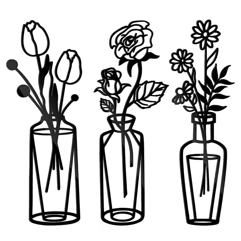 Blumen in einer Vase Schwarze Metall Wandkunst 3D Skulpturierte Eisenkunst Wanddekorationen für Wohnzimmer Esszimmer Kreative Nordische Wohnkultur