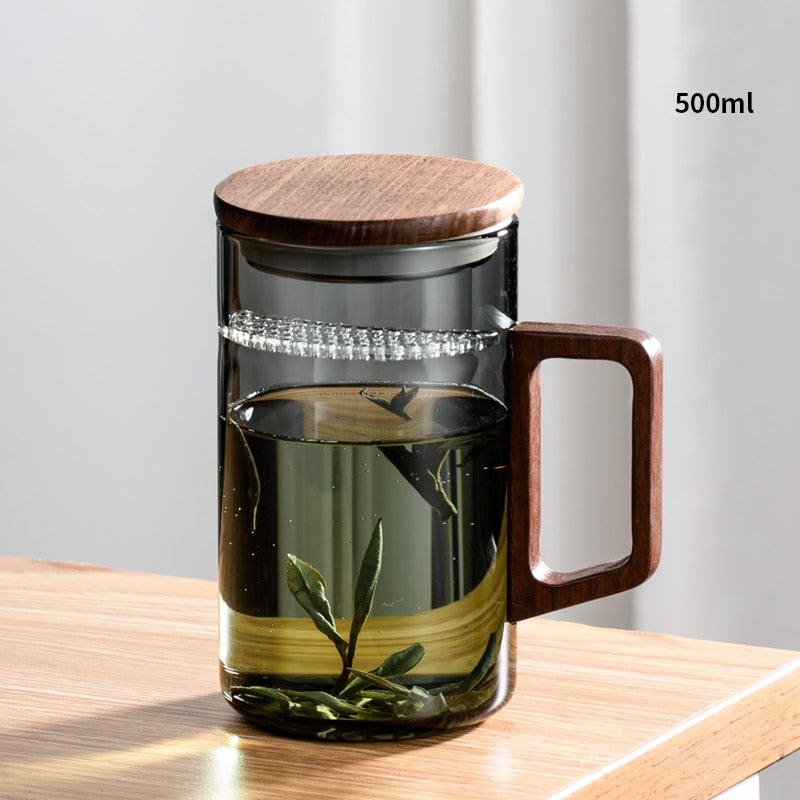 Brehn | GIANXI Teetasse mit Mondfilter Japanischer Holzgriff hitzebeständige Glastassen Teeblatttrennung Teetassenset