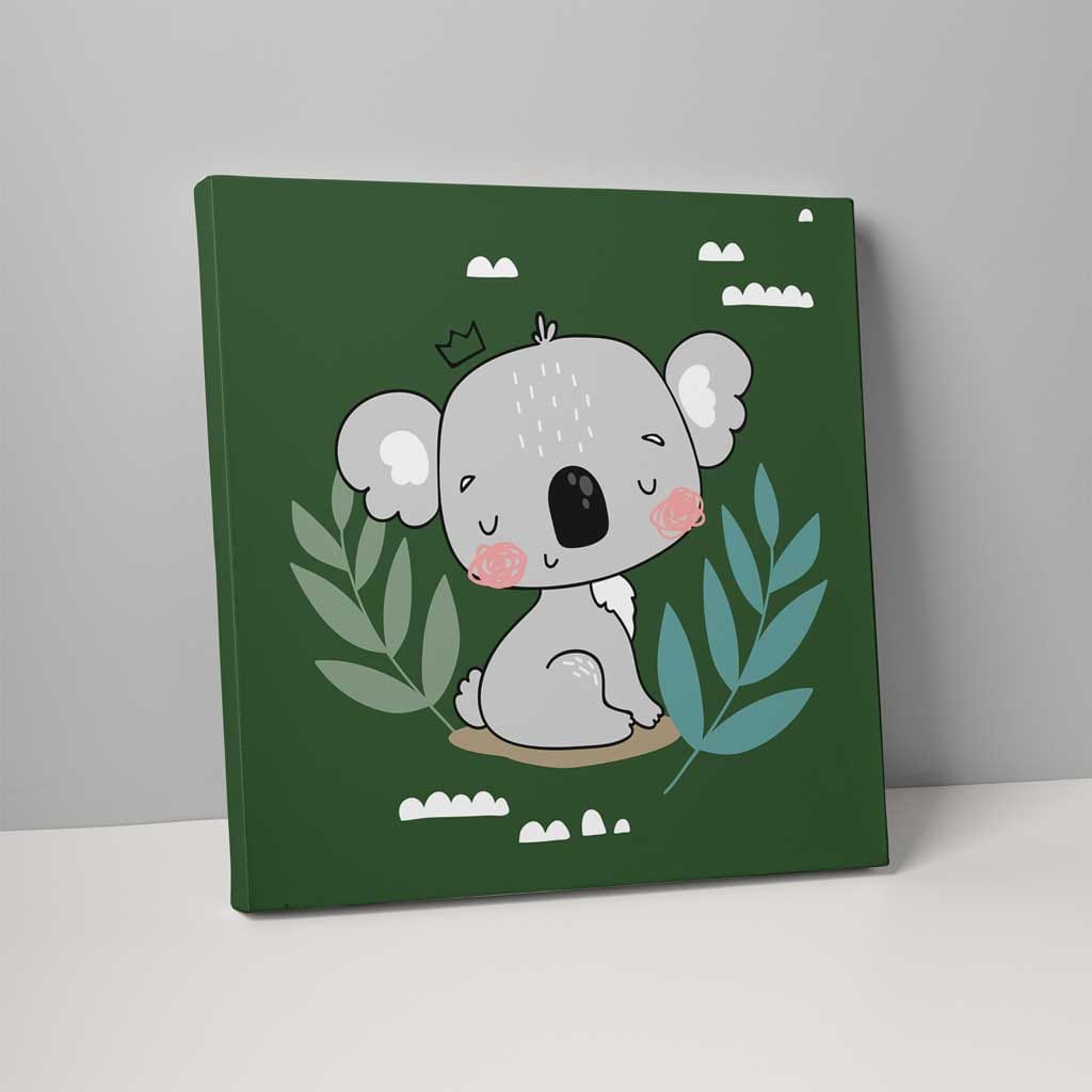 Boho Safari Dschungel-Koala Dunkelgrün und Grau auf Leinwand