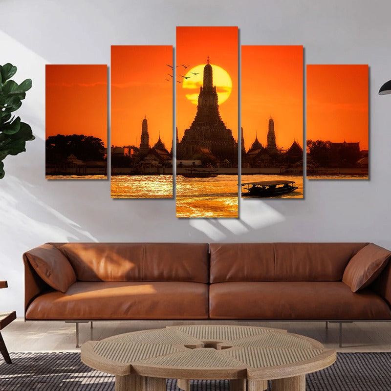 5 Stück Abstrakte Sonnenuntergang Tempel Bangkok Thailand - Leinwand Wandkunst Gemälde