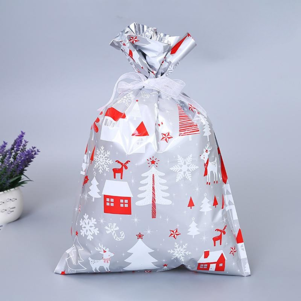 Brehn | Wiederverwendbare Weihnachtsgeschenktaschen aus Aluminiumfolie – Umweltfreundliche Verpackung in verschiedenen Größen mit silbernem Band