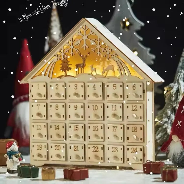 Brehn | Holz-Adventskalender mit 24 Aufbewahrungsschubladen – Nachfüllbarer DIY-Weihnachtscountdown mit Beleuchtung, 30 x 6,3 x 39 cm
